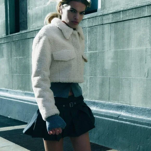 ZARA Women's Cropped Faux Shearing Jacket(Ecru, US XL /EUR XL) - Picture 4 of 11